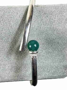 925 THAI Silver Vintage Bracelet Open Cuff w Green Onyx Unique Open Close Bangle